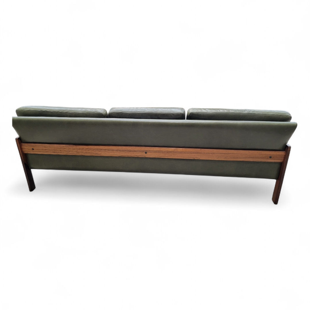 New - Mid Century Danish Modern Vatne Mobler Teak Frame Sofa & Club Chairs Newly Upholstered in Italian Hunter Green Leather