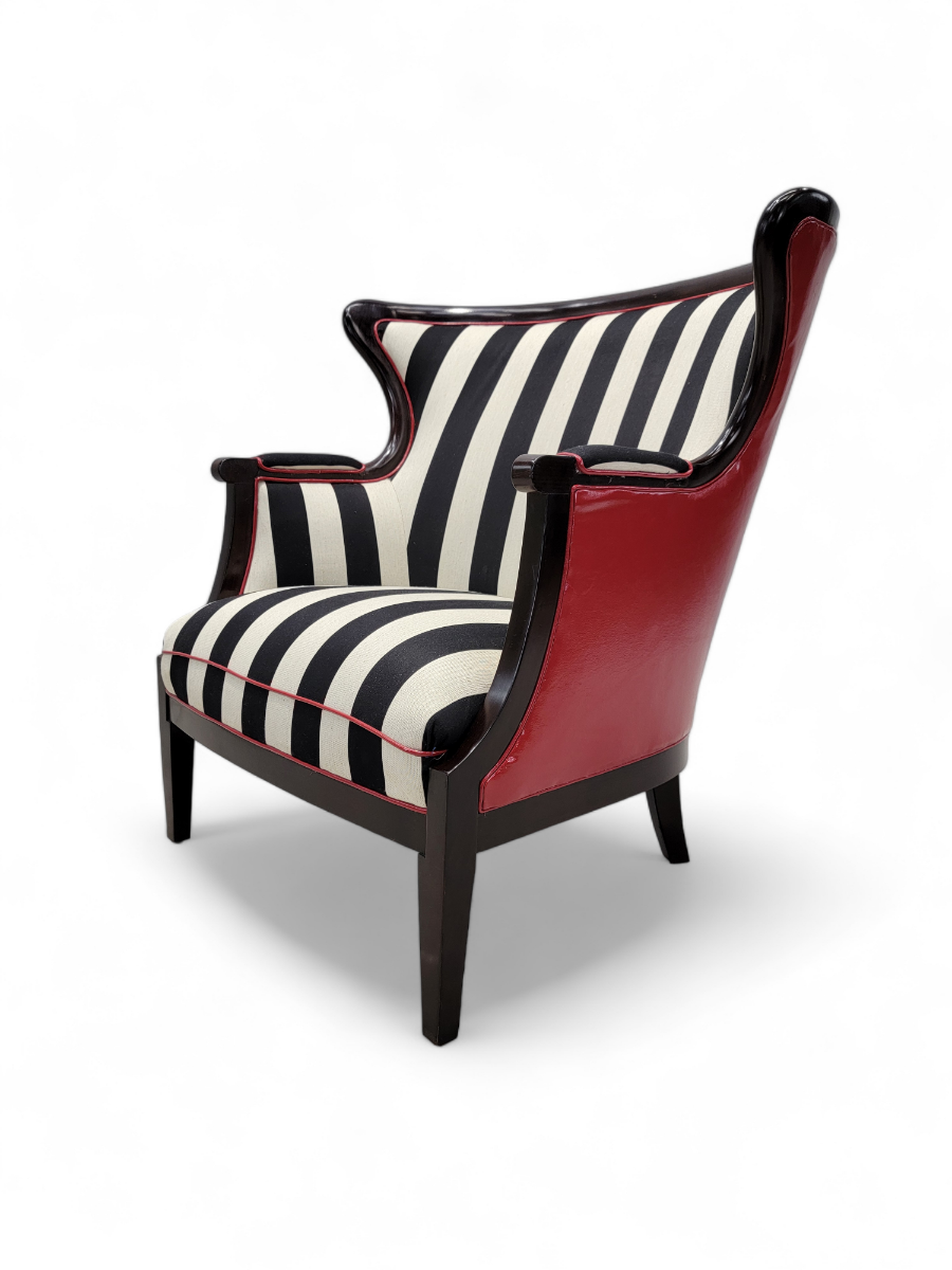 Regency Style Baker Furniture Wingback Chair Newly Custom Upholstered in Black & White Striped Fabric w/ Holly Hunt Red Patent-Leather & Trim