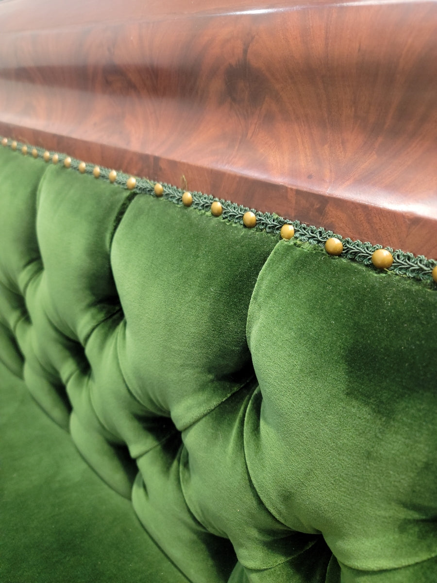Antique Empire Style Swan Grecian Sofa Newly Upholstered in a Green Velvet