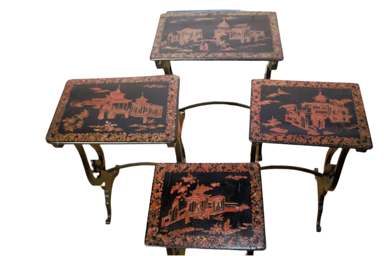 Vintage English Regency Chinoiserie Hand Painted Nesting Tables - Set of 4