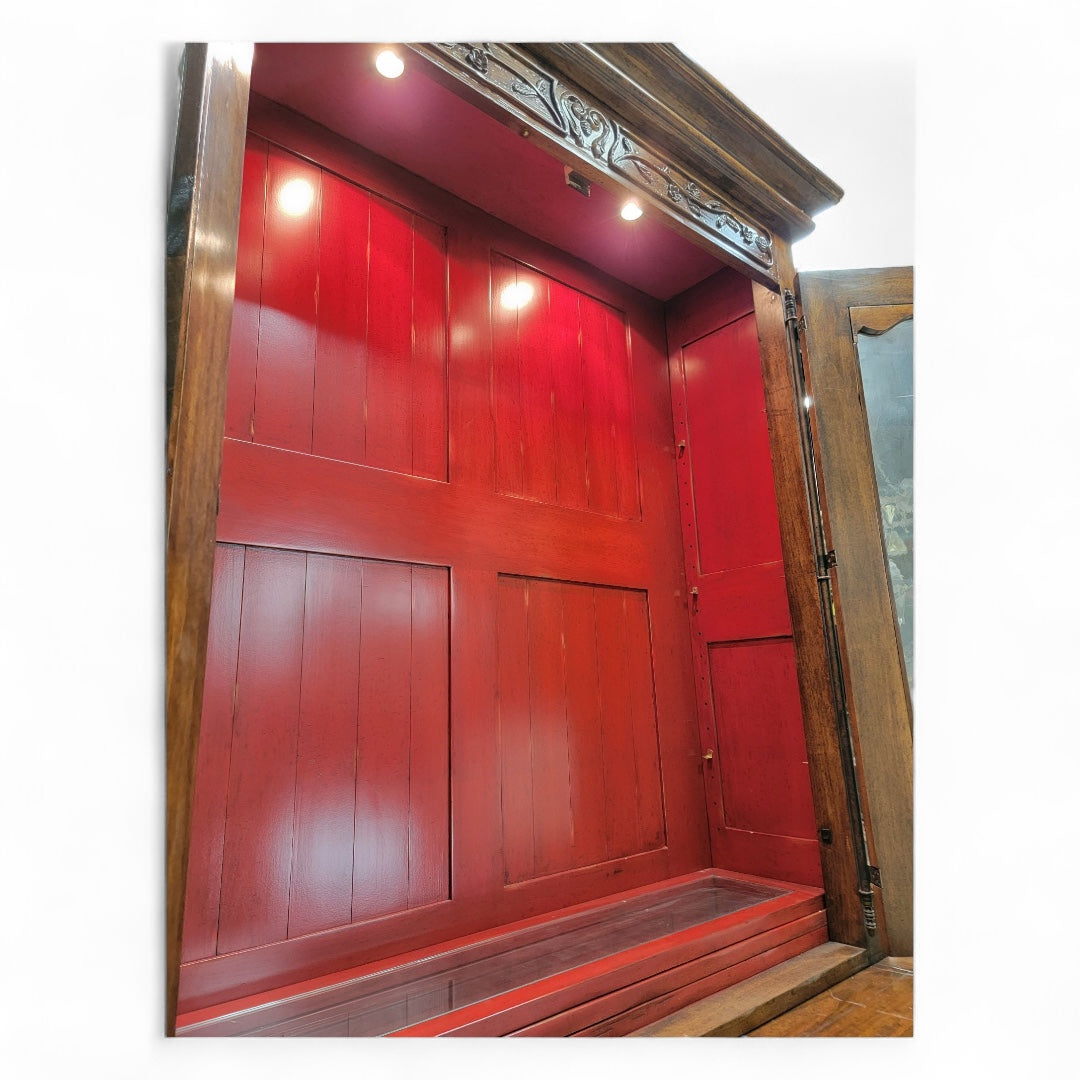 Antique French Provincial Carved Oak 2 Glass Door Display Storage Cabinet Buffet