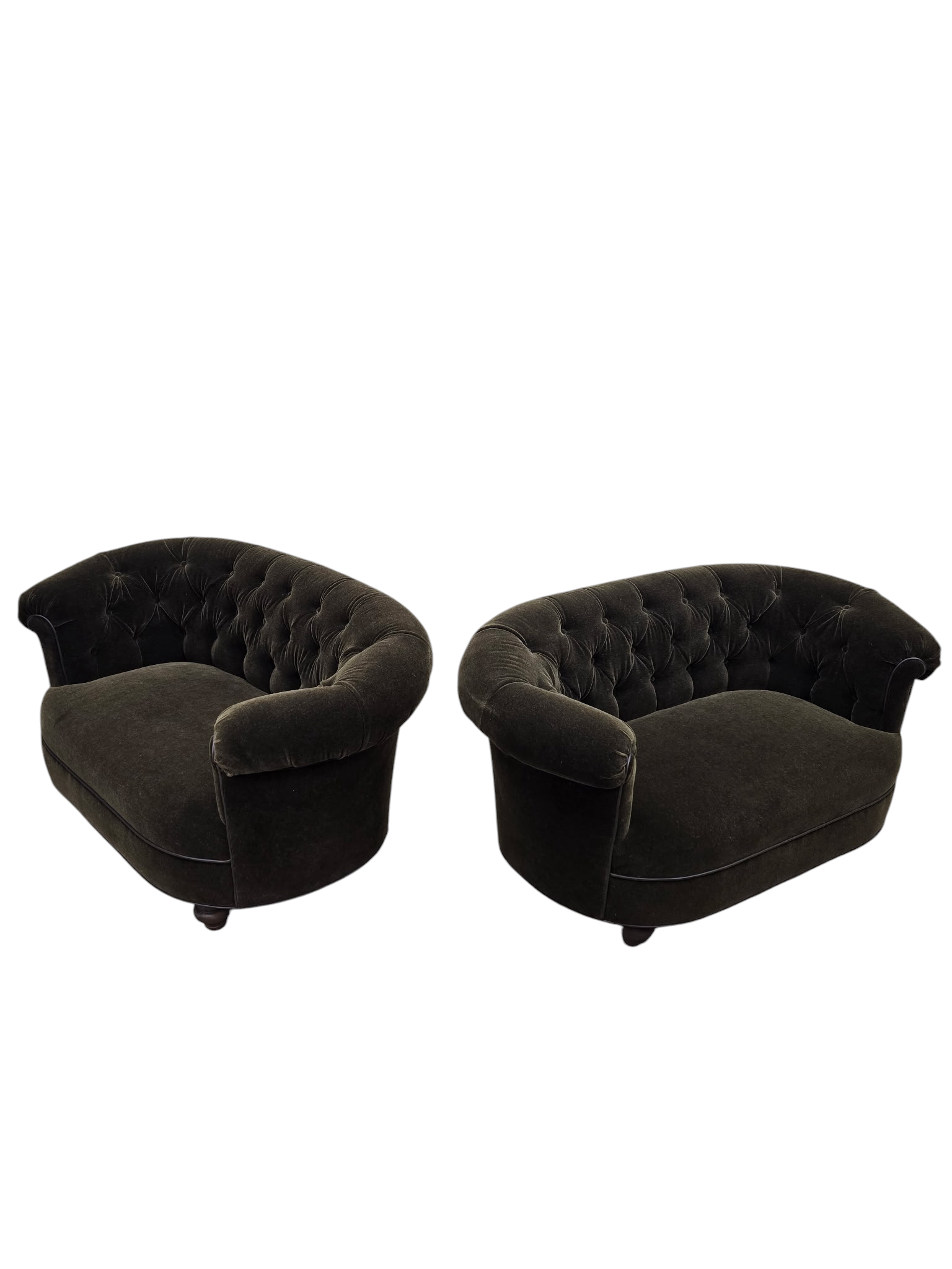 NEW - Hollywood Regency Tufted Barrel Back Loveseats Newly Reupholstered in Dark Chocolate Mohair – Pair