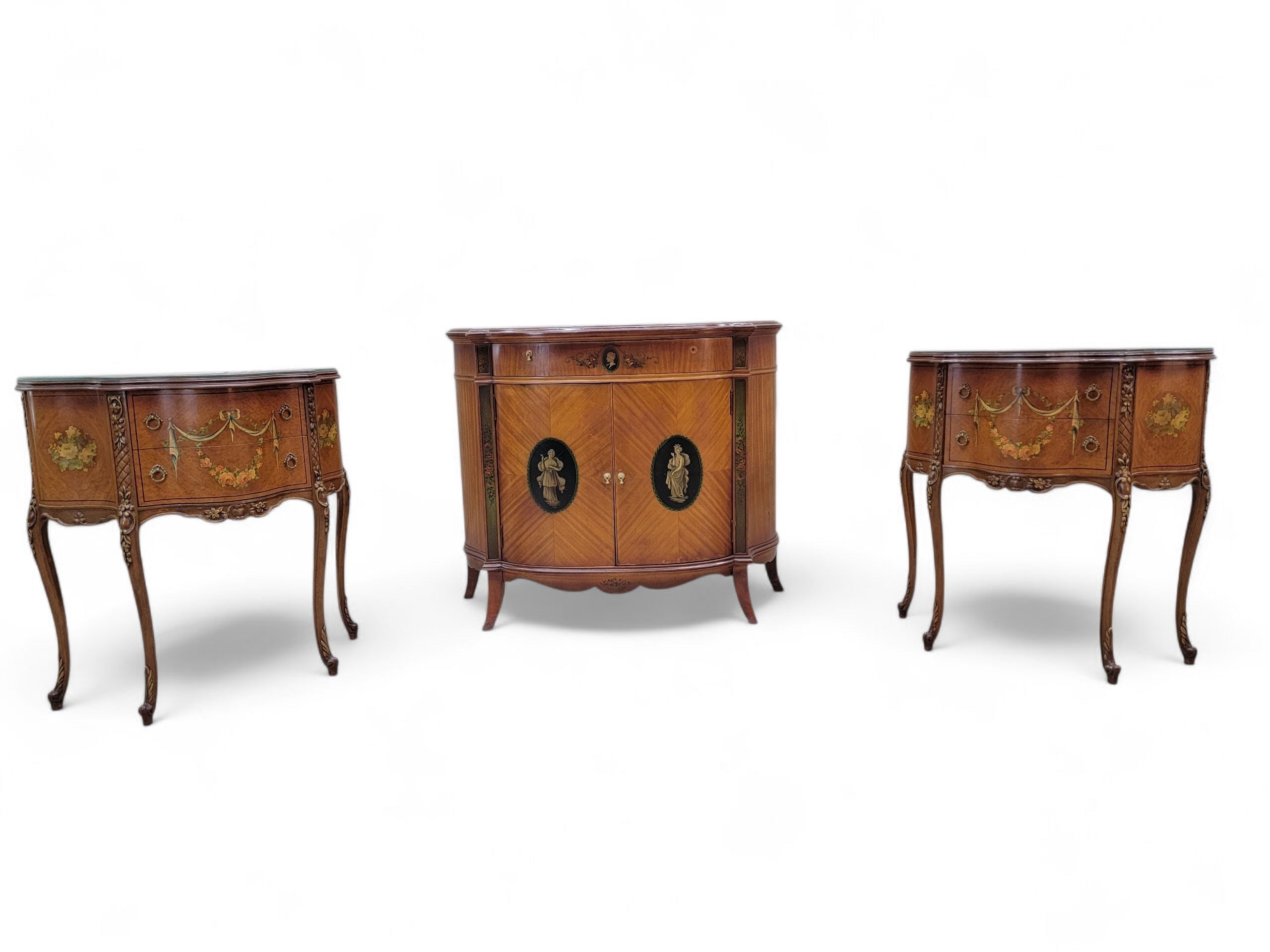 Antique French Neoclassical Style Hand Painted Satinwood Demilune Console Storage Cabinet