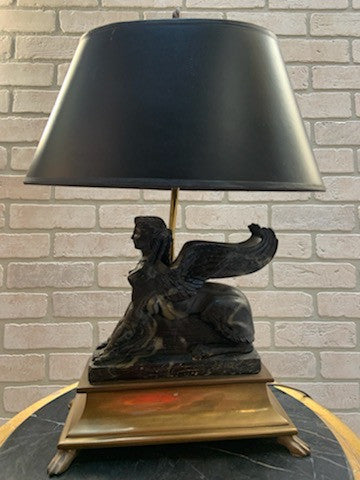 Antique Empire Brass Winged Figural Desk Lamp with Shade
