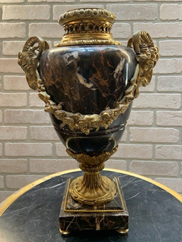 Antique Black Marble and Gold Three Piece Urn Set