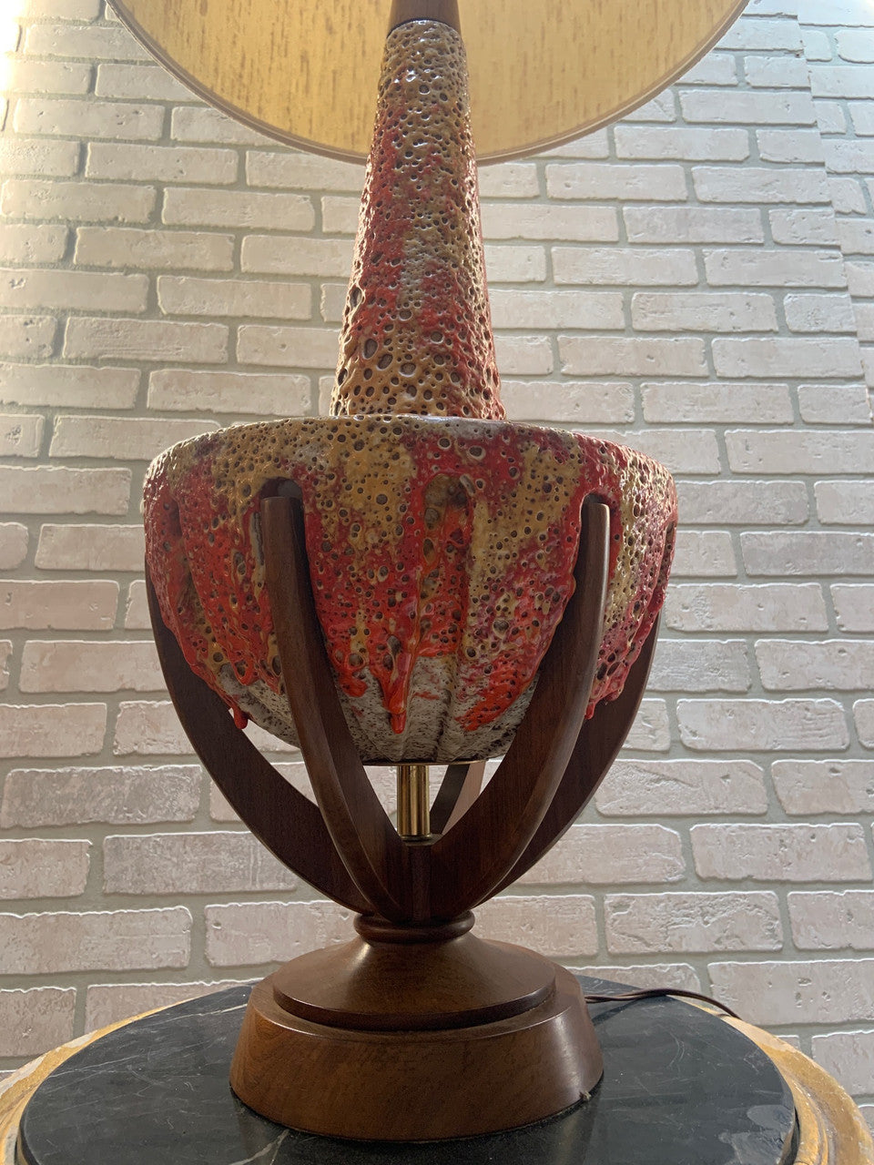Vintage Mid Century Modern Thick Lava Glaze Orange Ceramic Lamp with Walnut Finger Base and Shade