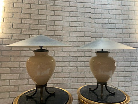 Karl Springer Style Ceramic Table Lamps With Metal Shades - Pair