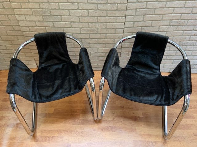 Mid Century Modern Vecta Group Italy Zermatt Tubular Sling Chairs Newly Upholstered - Pair