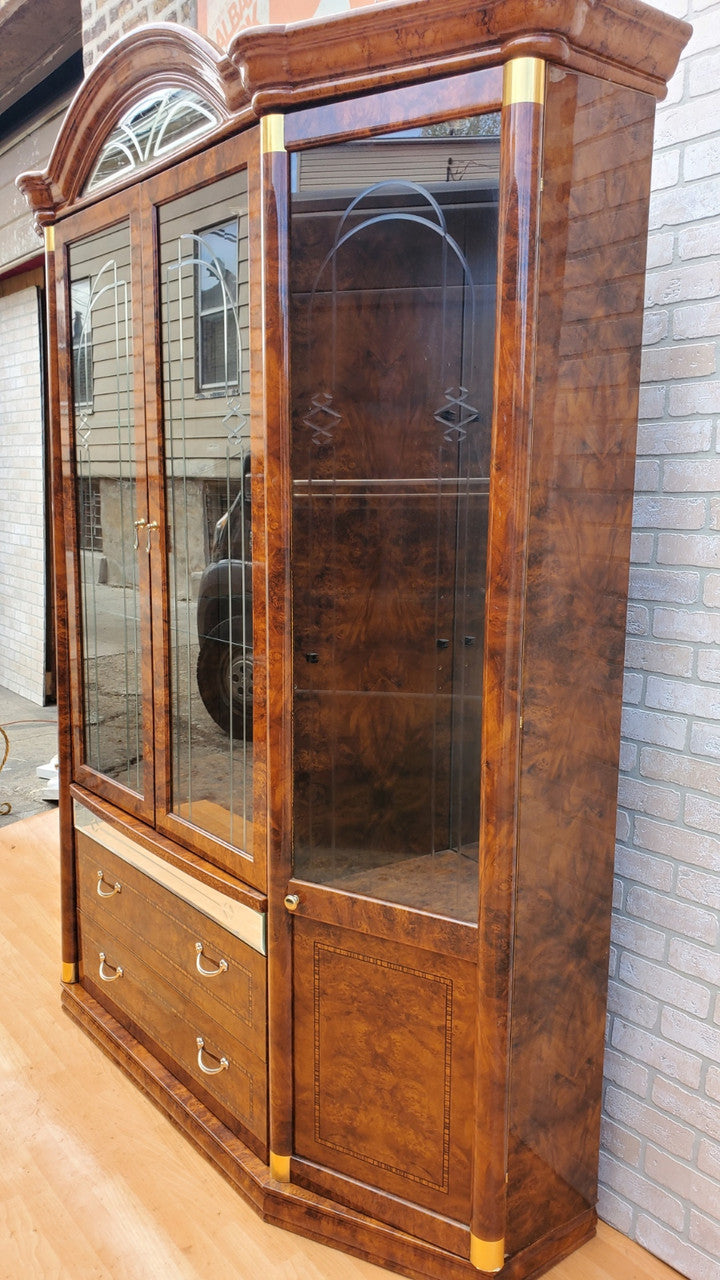 Alf Group Italian Burled Wood Etched Glass Doors Breakfront Display China Cabinet