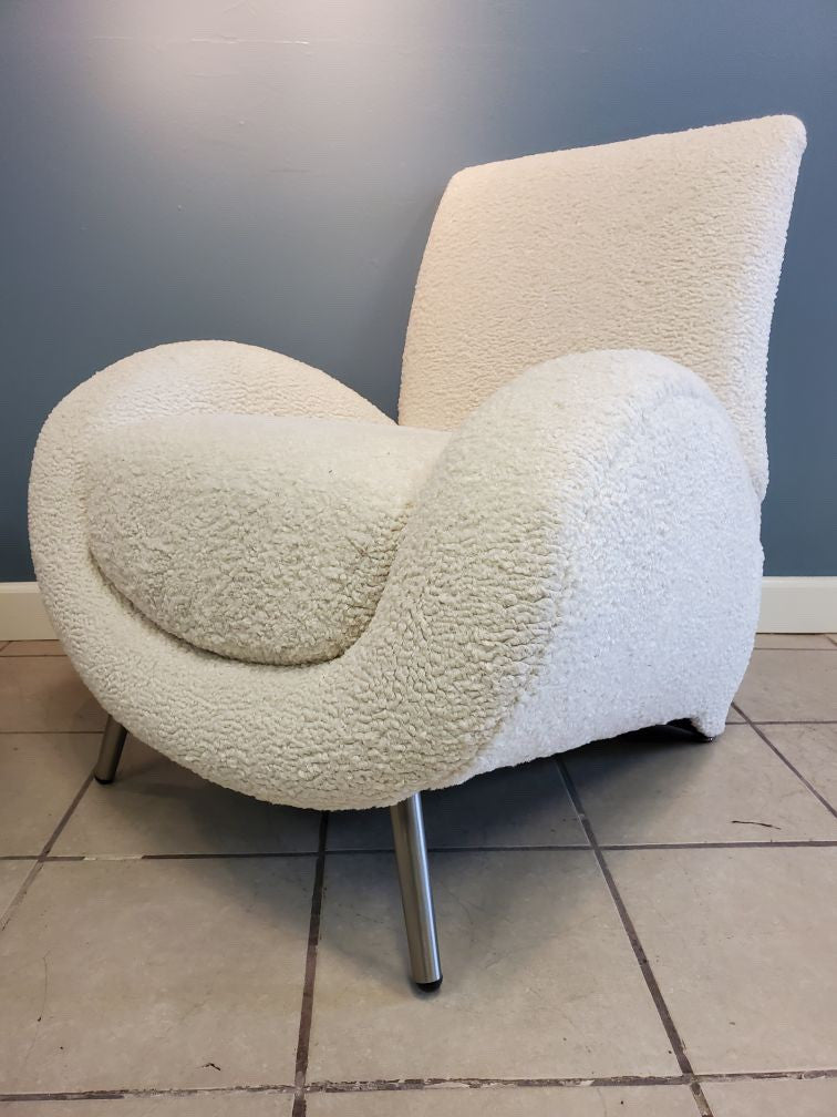 Mid Century Postmodern Italian Slant Back Club Chairs Newly Upholstered in White Boucle - Pair