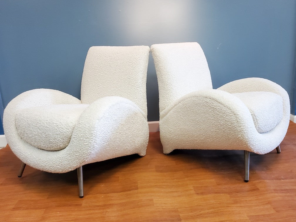 Mid Century Postmodern Italian Slant Back Club Chairs Newly Upholstered in White Boucle - Pair