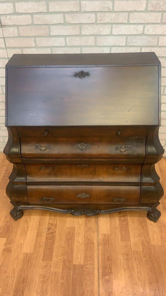 Antique Spanish Walnut Burl and Rosewood Claw Foot Drop Front Secretary Desk