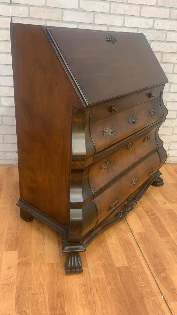 Antique Spanish Walnut Burl and Rosewood Claw Foot Drop Front Secretary Desk