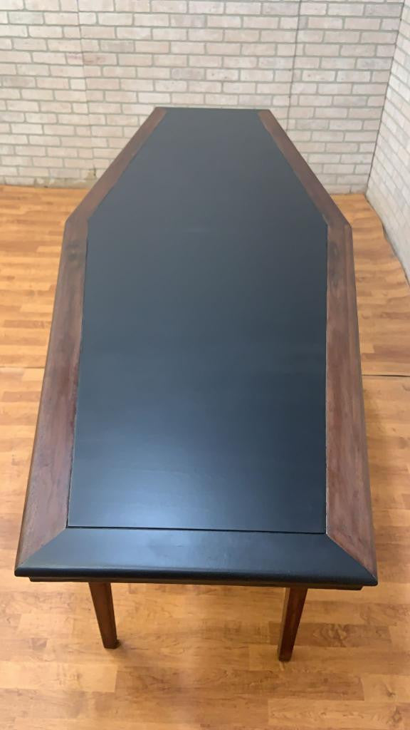 Mid Century Danish Walnut Narrow Boat Shaped Console Table with Black Laminate Inlay