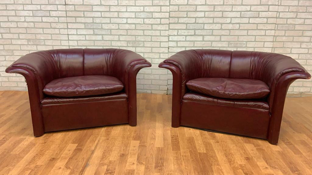 Mid Century Modern Oversized Flare-Arm "Merlot" Leather Lounges By Dennis Christianson for Dunbar - Pair