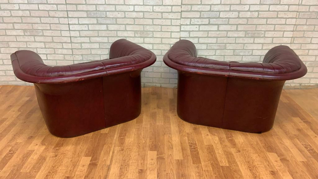 Mid Century Modern Oversized Flare-Arm "Merlot" Leather Lounges By Dennis Christianson for Dunbar - Pair