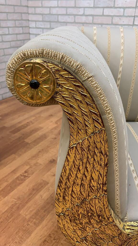 Antique Biedermeier Carved Flanking Gold Gilded Goose Scrolled Arm Parlor Sofa