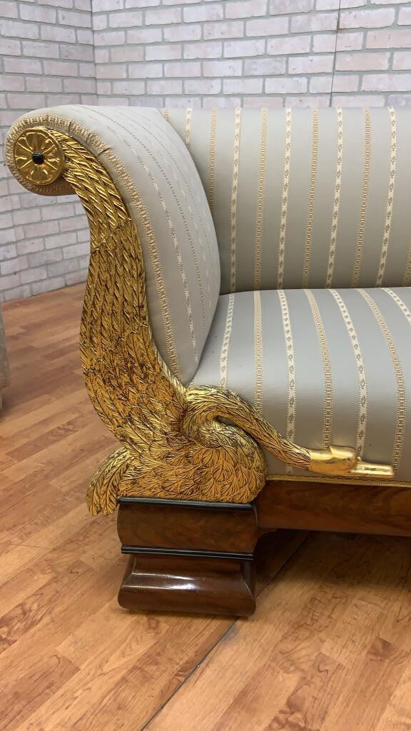 Antique Biedermeier Carved Flanking Gold Gilded Goose Scrolled Arm Parlor Sofa