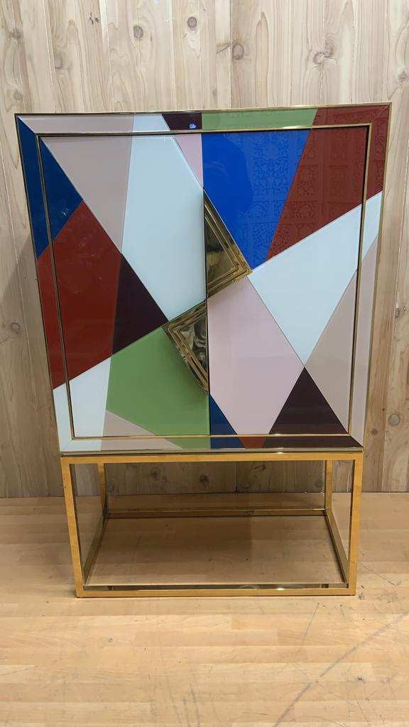 Hollywood Regency Styled Torino Reverse-Painted Glass and Brass 2 Door Dry Bar Cabinet by Jonathan Adler - Pair