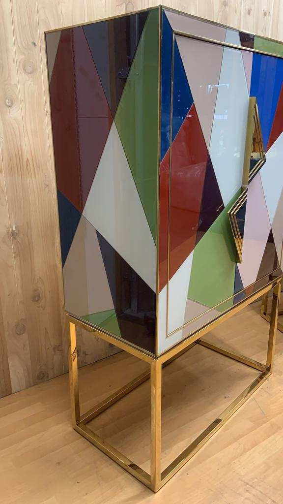 Hollywood Regency Styled Torino Reverse-Painted Glass and Brass 2 Door Dry Bar Cabinet by Jonathan Adler - Pair