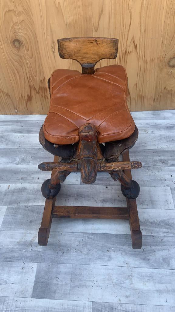 Antique Hand Carved Turkish Wood Camel Rocker with Leather Cushion Seat