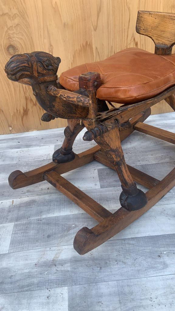Antique Hand Carved Turkish Wood Camel Rocker with Leather Cushion Seat