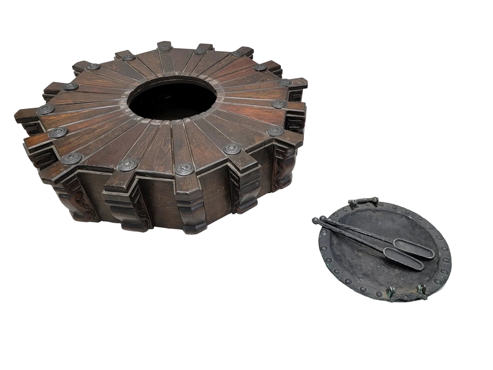 Spanish Revival Carved Mahogany & Wrought Iron Brazier Fire Pit Coffee Table