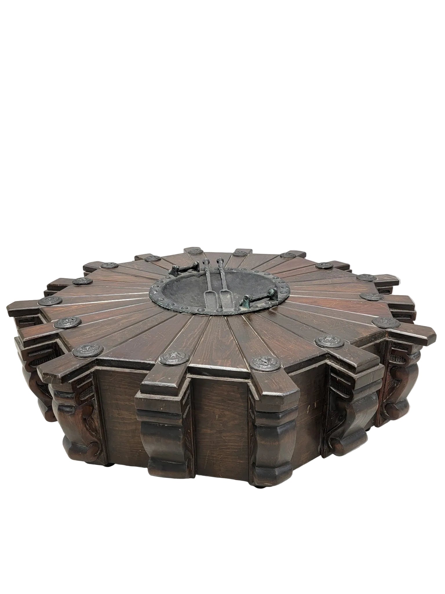 Spanish Revival Carved Mahogany & Wrought Iron Brazier Fire Pit Coffee Table