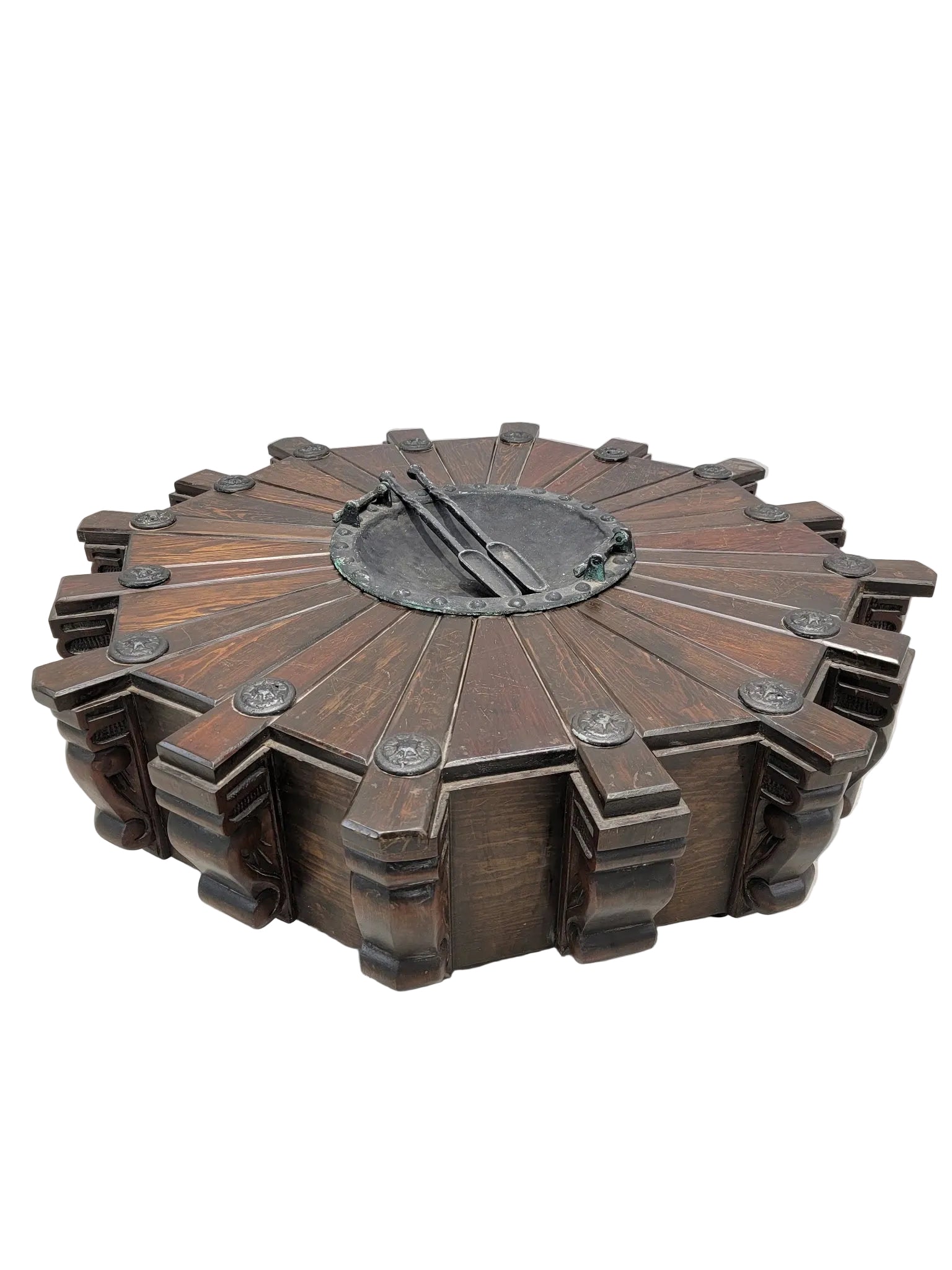 Spanish Revival Carved Mahogany & Wrought Iron Brazier Fire Pit Coffee Table