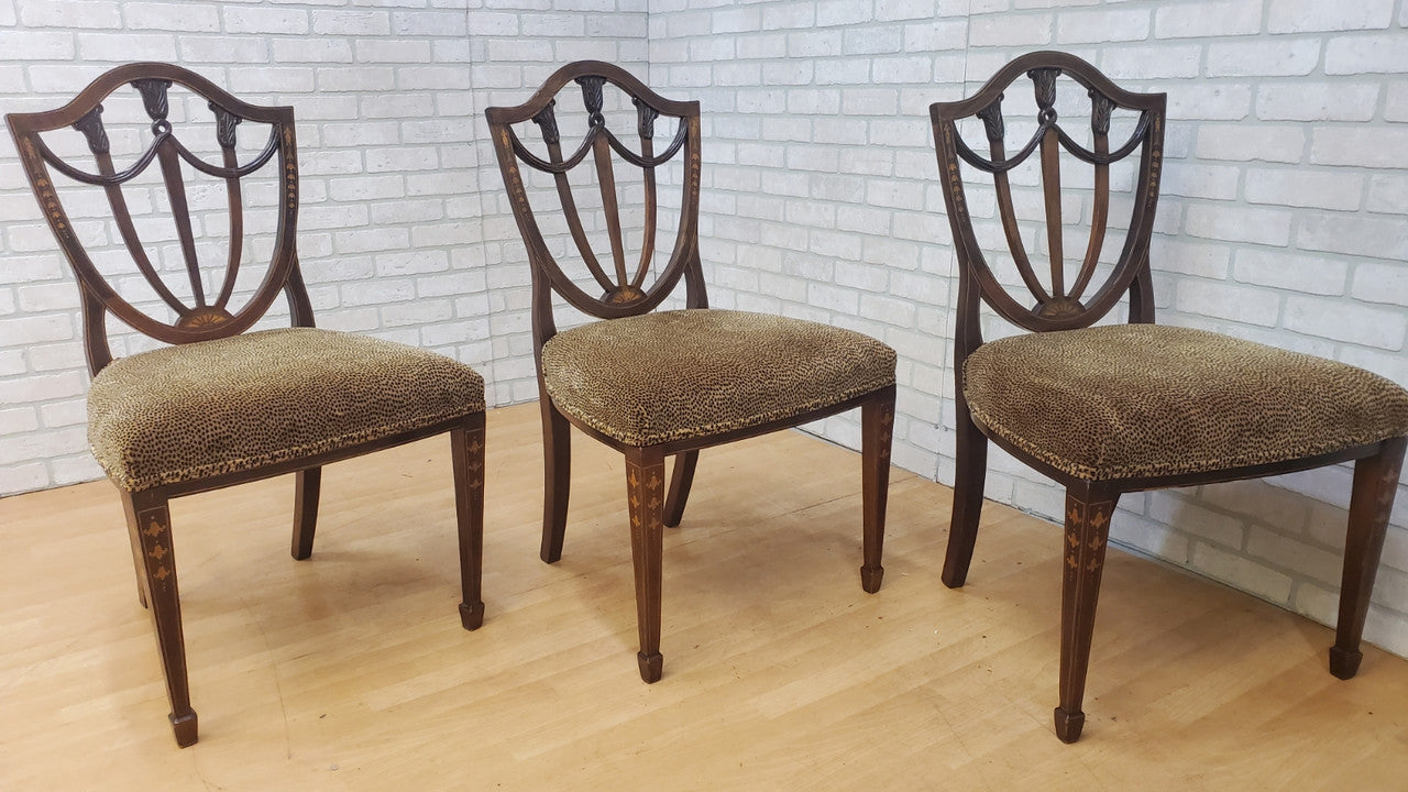 Antique English Inlaid Hepplewhite Style Shield Back Dining Chairs - Set of 6