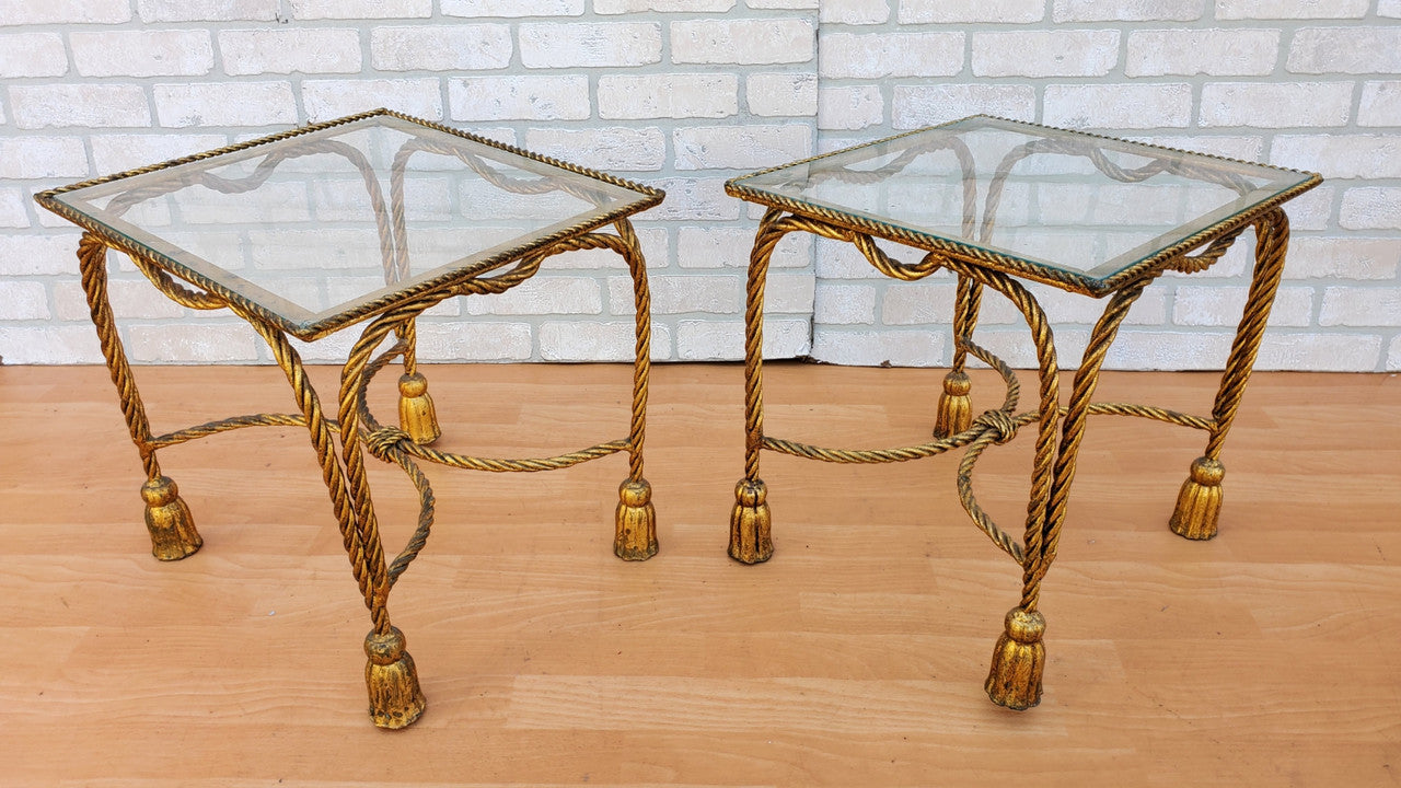 Hollywood Regency Italian Gold Gilt Rope and Tassel  Side Tables - Pair