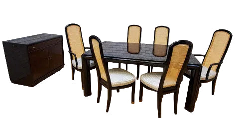 Vintage Henredon Scene Three Black Lacquer and Burl Wood Dining