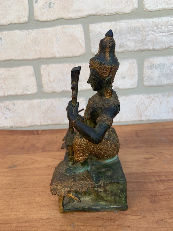 Antique Thai Prince Musician Gilded Bronze Statue Mandolin Music Player