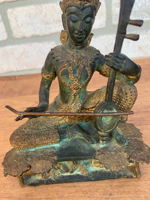 Antique Thai Prince Musician Gilded Bronze Statue Mandolin Music Player