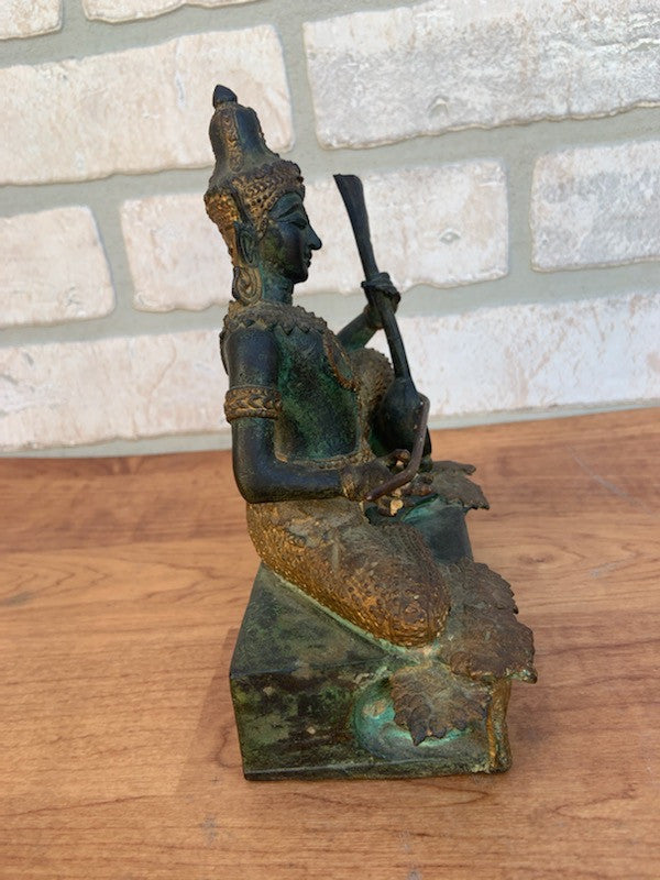Antique Thai Prince Musician Gilded Bronze Statue Mandolin Music Player