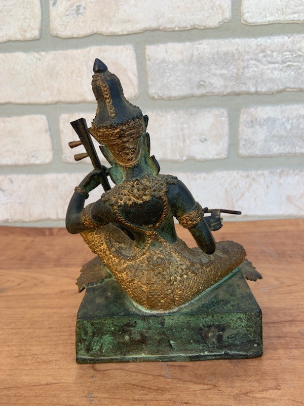 Antique Thai Prince Musician Gilded Bronze Statue Mandolin Music Player