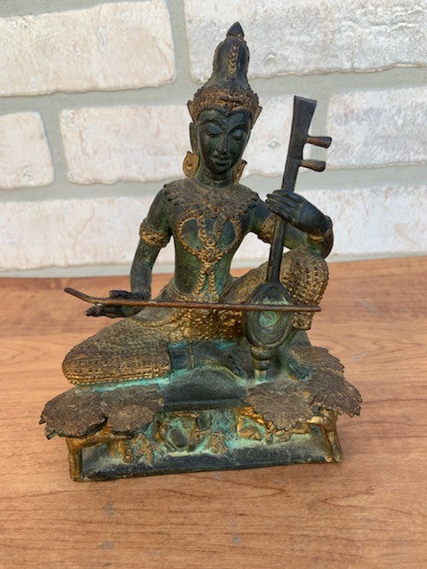 Antique Thai Prince Musician Gilded Bronze Statue Mandolin Music Player