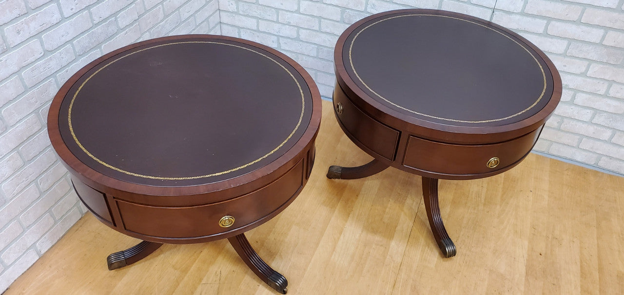 Vintage Inlaid Leather Top Single Drawer Mahogany Drum Side/End Tables - Pair