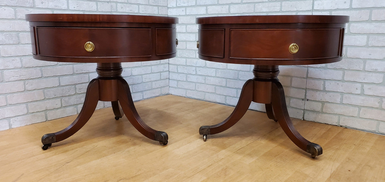 Vintage Inlaid Leather Top Single Drawer Brass Tip & Castered Mahogany Drum Side-Tables -Pair