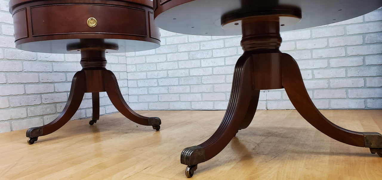 Vintage Inlaid Leather Top Single Drawer Brass Tip & Castered Mahogany Drum Side-Tables -Pair
