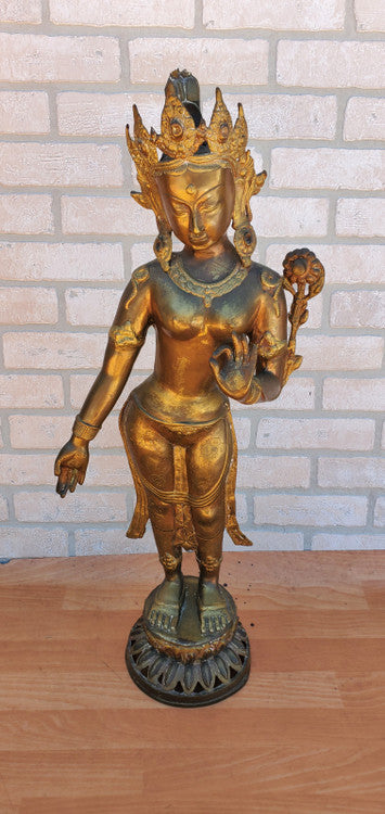 Antique Gilt Bronze Tibetan Hindu Manjurshi Deity Statue