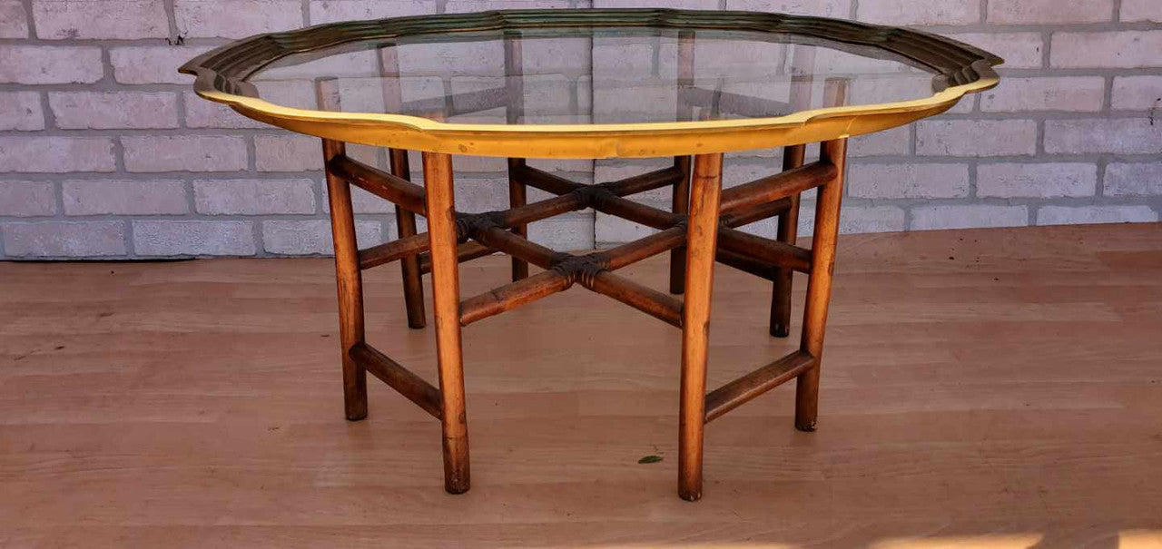 Hollywood Regency Baker Chinoiserie Faux-Bamboo, Brass and Glass Top Cocktail Table