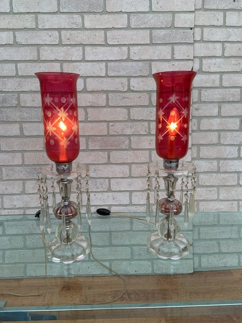 Antique Victorian Style Cranberry Glass Table Lamps