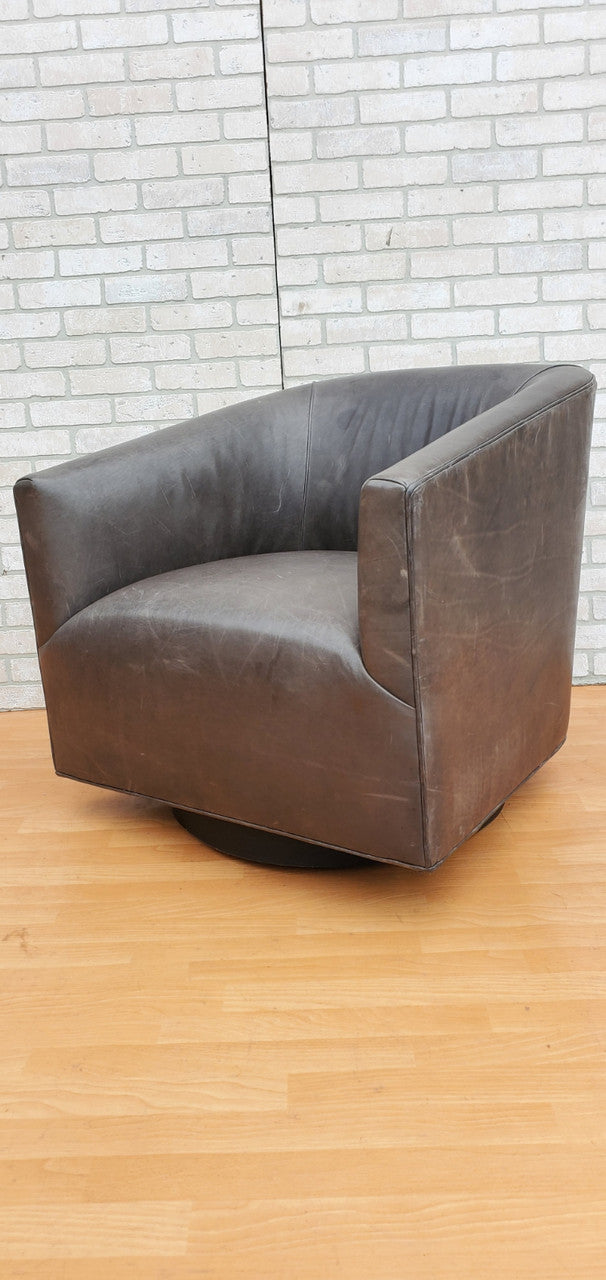 Restoration Hardware 1950's Italian Shelter Arm Leather Swivel Chair on Oak Base