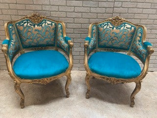 Antique French Louis XV Style Carved Side Lounge Chairs and Bench Newly Upholstered - 3 Piece Set