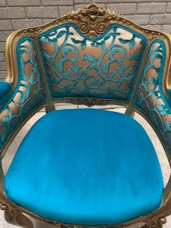 Antique French Louis XV Style Carved Ornate Bergere Chairs and Scroll Arm Bench Newly Upholstered