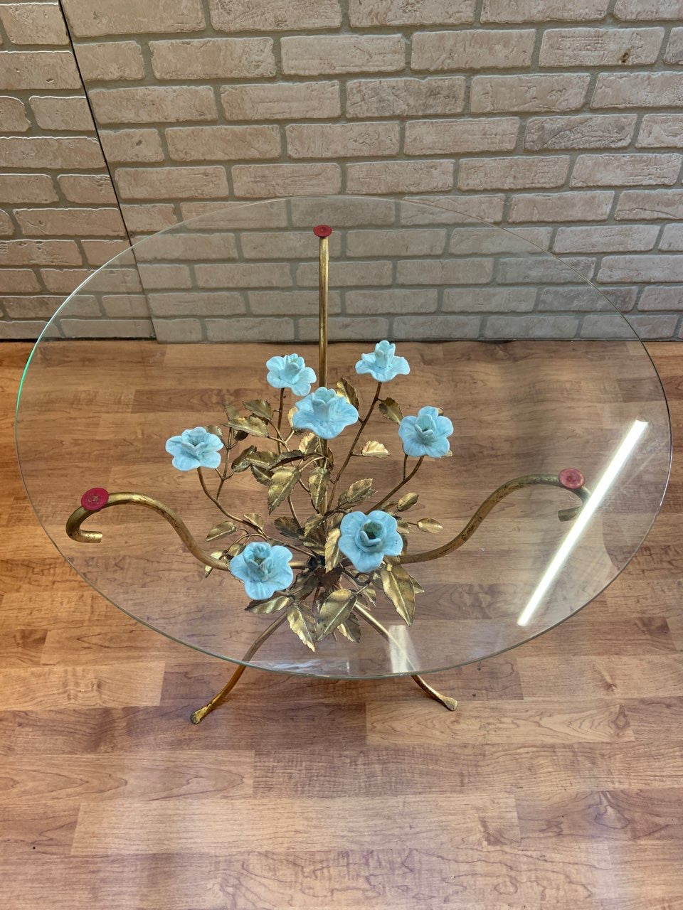 Hollywood Regency Murano Glass Side Table and Table Lamp Set with Gilded Leaves and Blue Flowers - 2 Piece Set