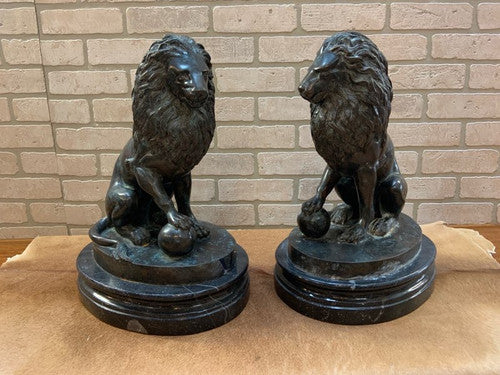 Antique Bronze Lion Sculpture Statues - Pair
