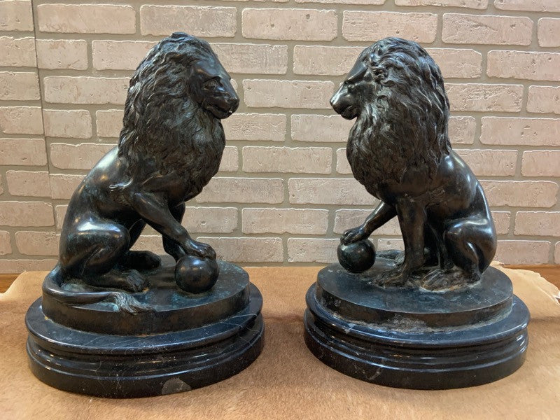 Antique Bronze Lion Sculpture Statues - Pair