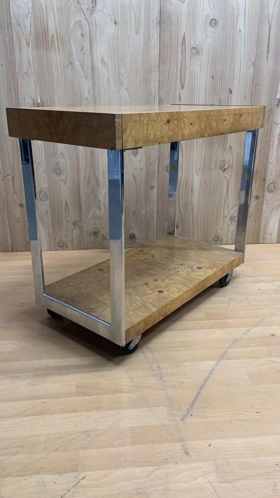 Mid Century Modern Milo Baughman for Lane Furniture Burl Olive Wood and Chrome Side Extending Bart Cart